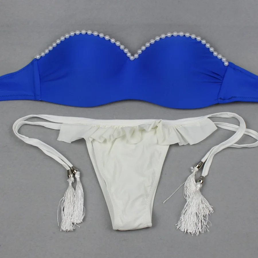 High Quality pearl bikini Sexy ruffle bandeau women bikini 2017 fringe