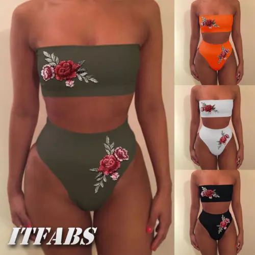

High Waist Floral Bikinis Set Sexy Women Push-up Padded Triangle Bra Bandeau Top Thong Bottom Swimsuit Swimwear Beach Bathing