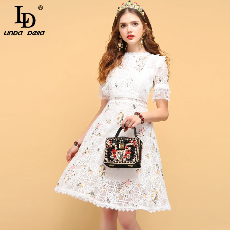LD LINDA DELLA Fashion Designer Zomer Casual Dress vrouwen Hollow Out Ruches Bloemen Borduren Elegante Dames Korte Jurken LD LINDA DELLA Fashion Designer Zomer Casual Dress vrouwen Hollow Out Ruches Bloemen Borduren Elegante Dames Korte Jurken