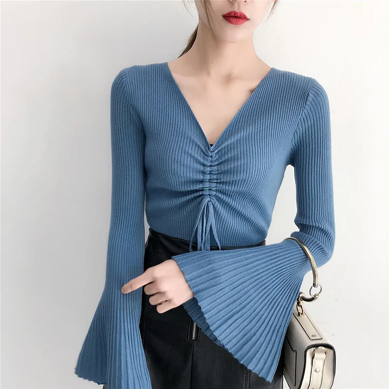 

Caiyier 2019 Spring Winter Women Sweater Pullovers Knitted Sweaters Sexy Deep V-Neck Slim Knit Thick Bind Casual Solid Knitwear