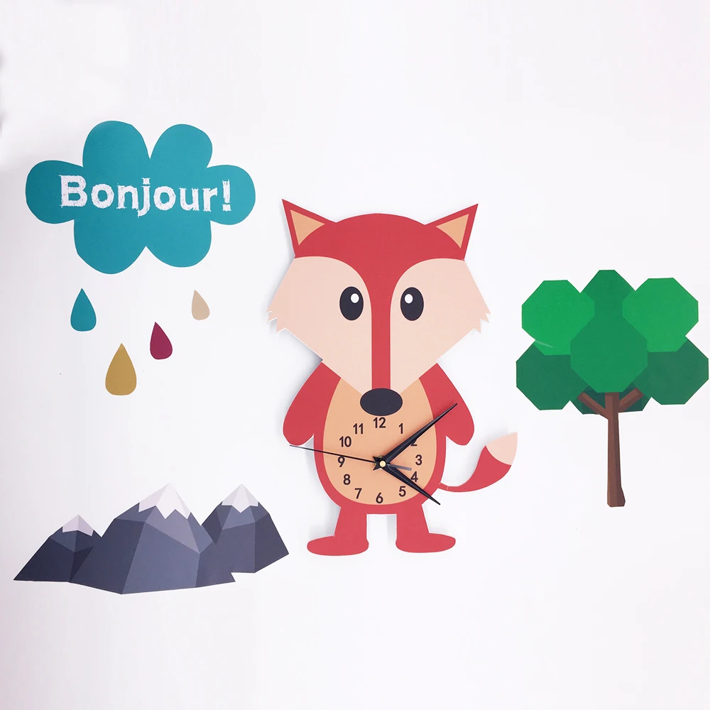 

New Design Cute Fox 3D Wall Sticker Foam PVC Pointer Digital Clock Fashion Children Room Decals Modern Art Wall Watch
