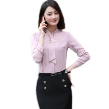 Fashion women pink clothing long sleeve slim bow tie shirt autumn formal chiffon blouses office ladies work wear plus size tops