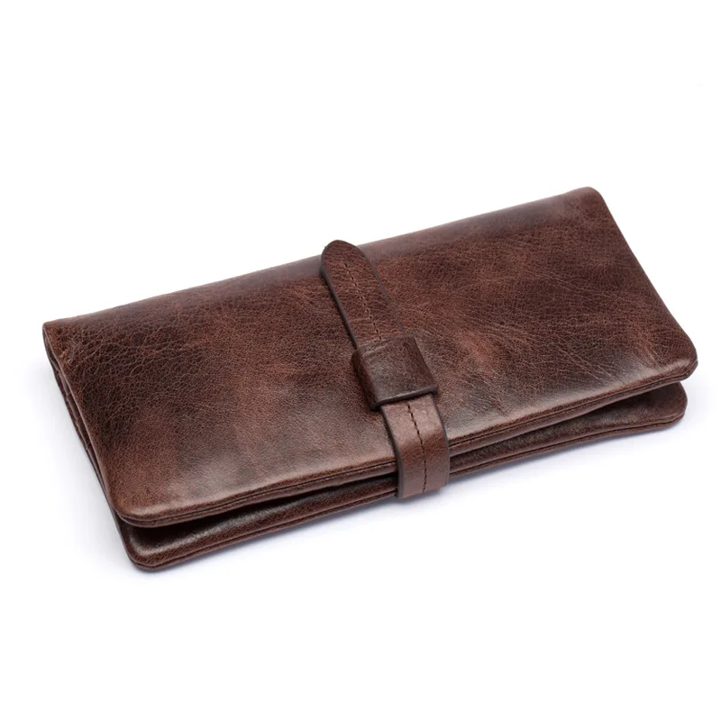 

Factory direct oil wax Genuine leather buckle men wallets business casual retro long multi-card solid color clutch purse