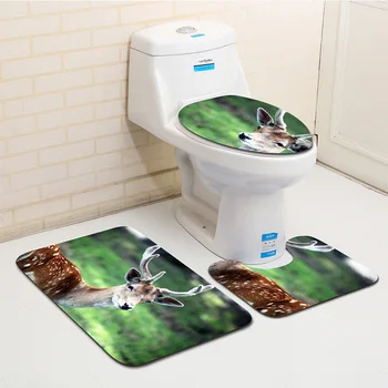 

3Pcs Elk Series Soft Flannel Bathroom Toilet Mat Non-Slip Bath Rug Set Shower Room Door Water Absorption Mats