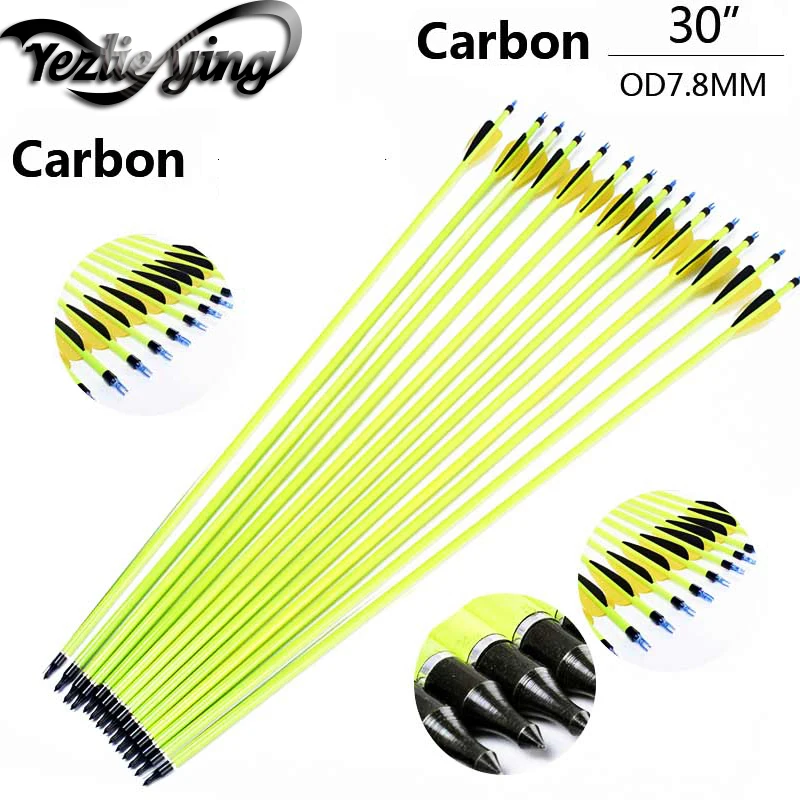 

Hot 12PCS 30-Inch Yellow Carbon Arrow Black Yellow Feather Replaceable Arrow For Composite Bow Hunting Archery Arrows