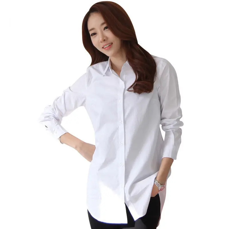 Women Ladies Cotton Casual White Long Sleeve Blouses Shirts Loose