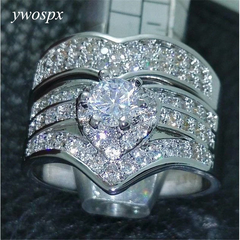 

YWOSPX 2PCS/Set Luxury Crystal Zircon Silver Color Ring Set for Women Statement Jewelry Wedding Engagement Ring Anillos Bijoux