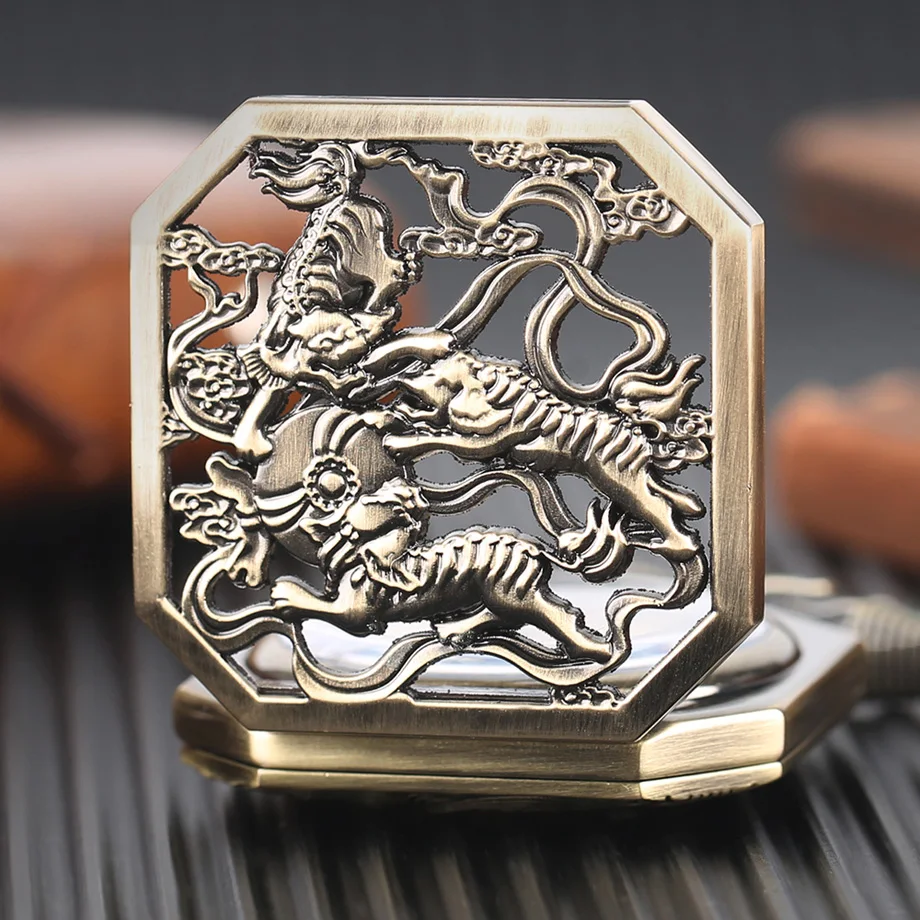Top Pocket Watch Bronze Vintage Half Hunter Red Roman Numbers Double Tiger Pattern Mechanical Hand Wind Fob Clock For Men Women (5)