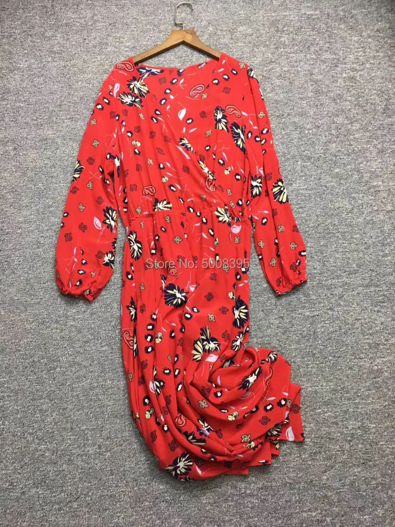 Шелк печать длинное платье с запахом v-образным вырезом с длинными рукавами с эластичными манжетами эластичный пояс - Цвет: Красный