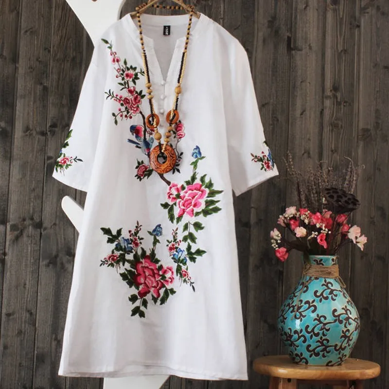 

Womens Fashion Retro Embroidered 3/4 Sleeves Cotton Ramie Tunic Long Blouse Top Shirt Loose Fit D34