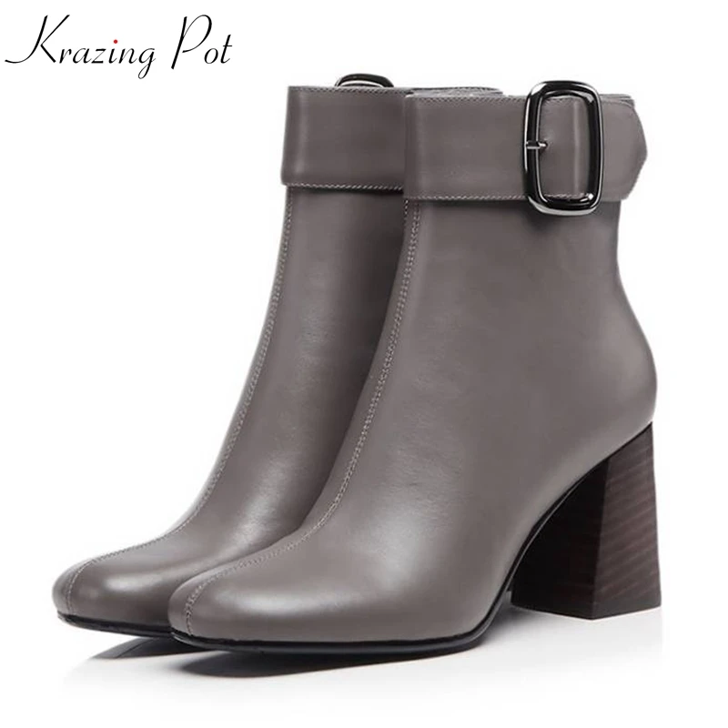 

Krazing Pot Winter genuine leather square high heels round toe Chelsea boots superstar solid color buckle style ankle boots L11