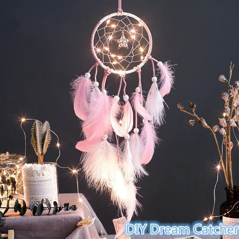 

Feather Crafts Dreamcatcher Innovative Bedside Girl Dream Catcher Fairy Light Feather for Wall Hanging Car Home Decor