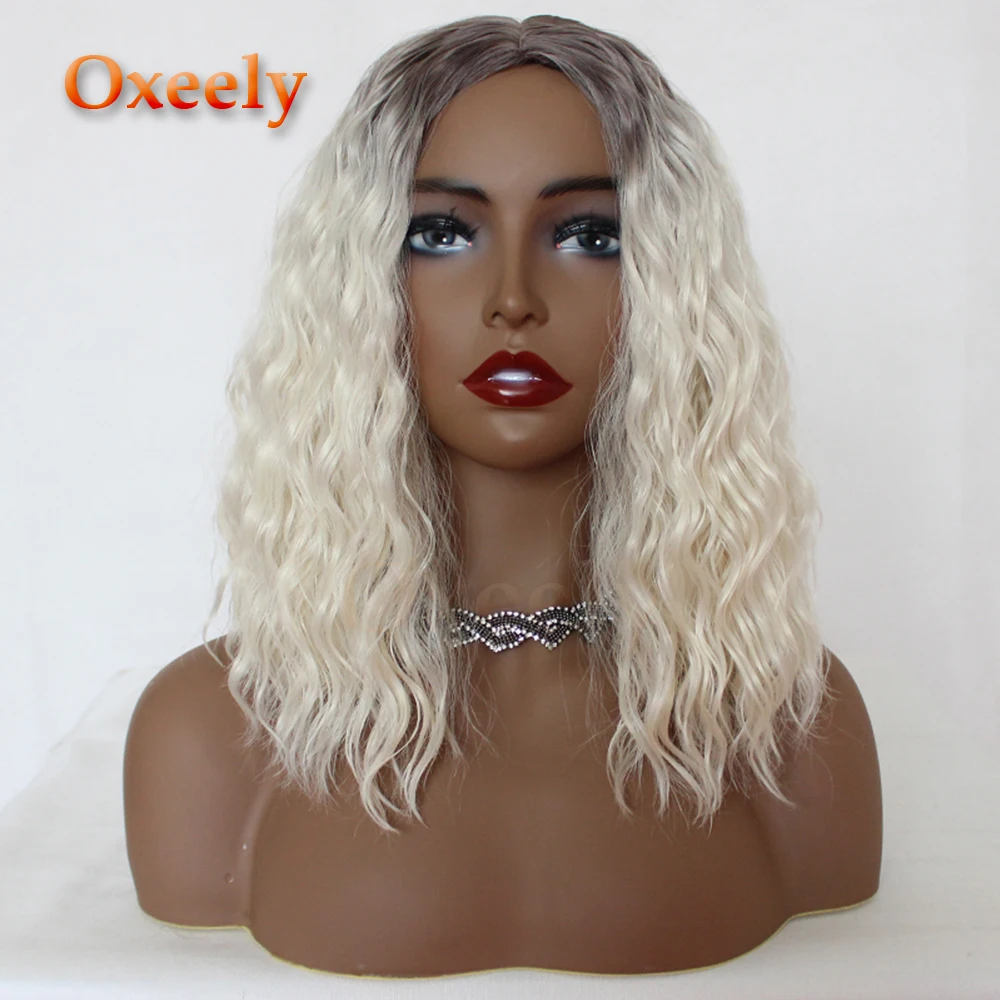 Oxeely короткие белые цвет волос парик с Омбре боб синтетический парик Свободные курчавый темный корень термостойкие волокно ВОЛОС