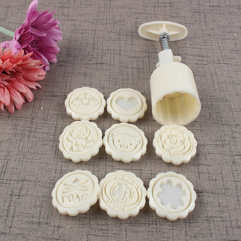 

3D Cartoon Rose Flower Mooncake Mold DIY Hand Pressure Bread Cake Biscuits Makr Mould Backing Tool 1 Barrel +8 Stamps Set