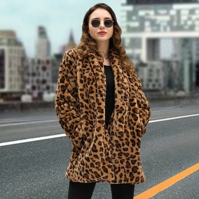 Женское пальто из искусственного меха, уличная одежда, осенне-зимнее теплое плюшевое пальто, длинное леопардовое пальто с роскошным искусственным мехом, меховое пальто, куртки