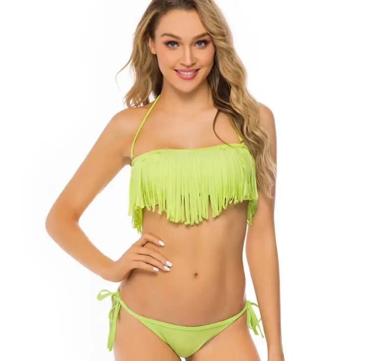 

2019 beach bikini women's split strapless neck and fringed three-point swimsuit