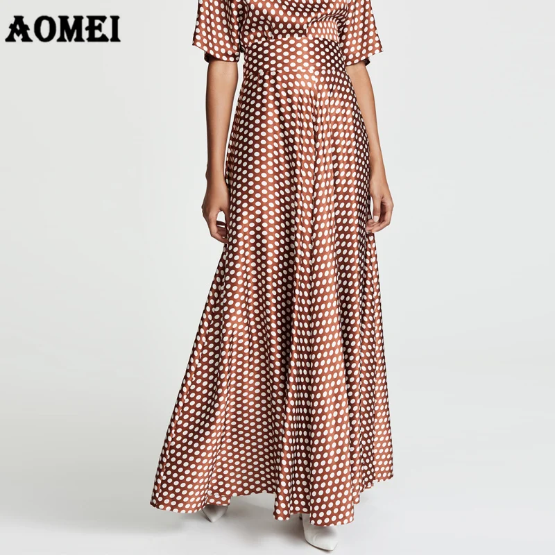 

2019 Women Maxi Long Skirts Pleated Polka Dot Wine Red High Waist A Line Spring Summer Elegant Faldas Jupes Saias Plus Size 5XL
