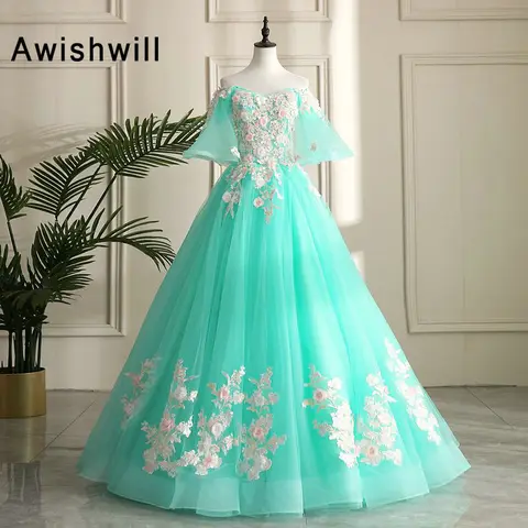 Vestido de Baile Vestido de Baile com Mangas Vestido de Gala Vestido de Festa para Juniors Feito sob Medida Moda Mangas Flores Rendas Tule Tamanho Grande Vestido Formal com