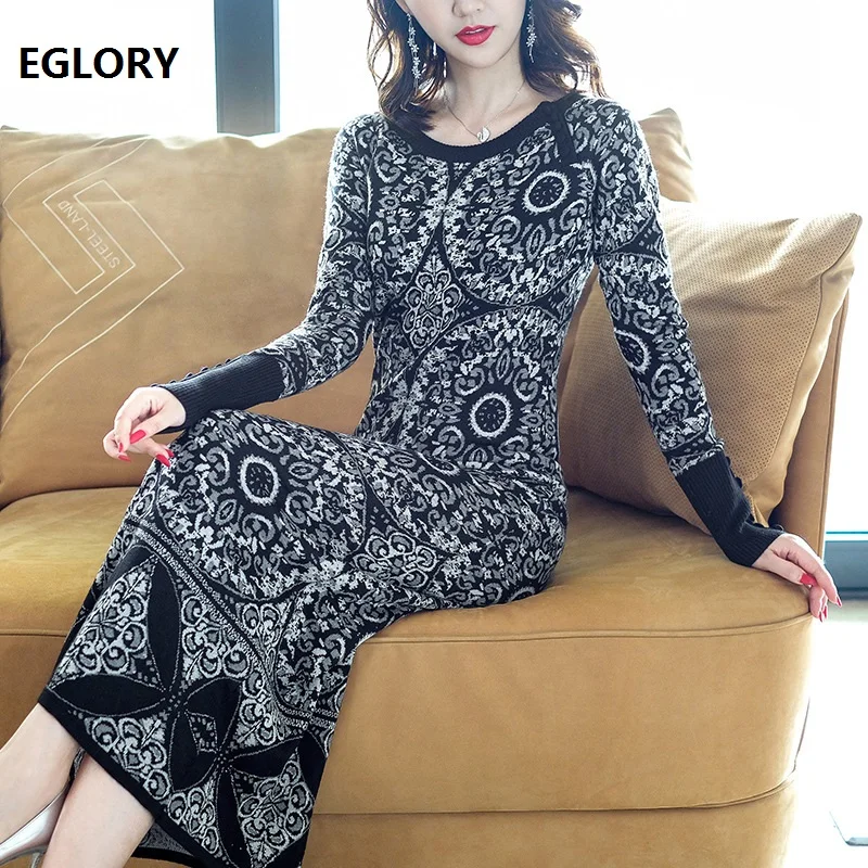 2018 Autumn Winter Warm Sweaters and Pullovers Women Wool Acrylic Blends Knitted Full Sleeve Vintage Long Sweater Dress Jumpers