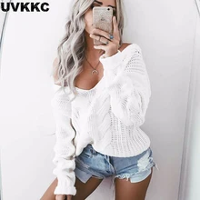 UVKKC Women winter knitted sweater women 2016 Autumn white hollow out pullover sweater Sexy deep v neck long sleeve jumpers autumn winter women pullover sweater sexy deep v neck black color sweater dresses hollow lace up short knitted dress for ladies
