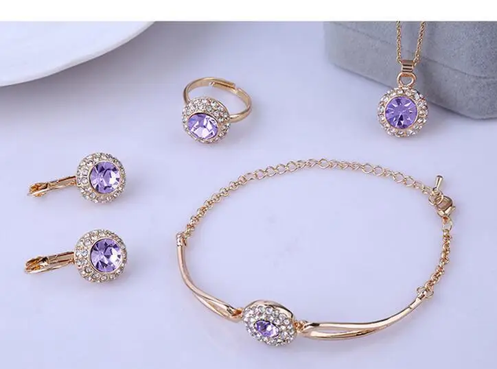 

USA Women 18K Gold Plated Purple CZ Zirconia Crystal Pendant necklace bracelet earrings ring four piece suit alloy jewelry sets