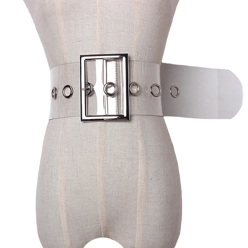 новые горячие женские широкие ремни мода роскошные металлические пряжки дикий пвх материал прозрачный женский ремень