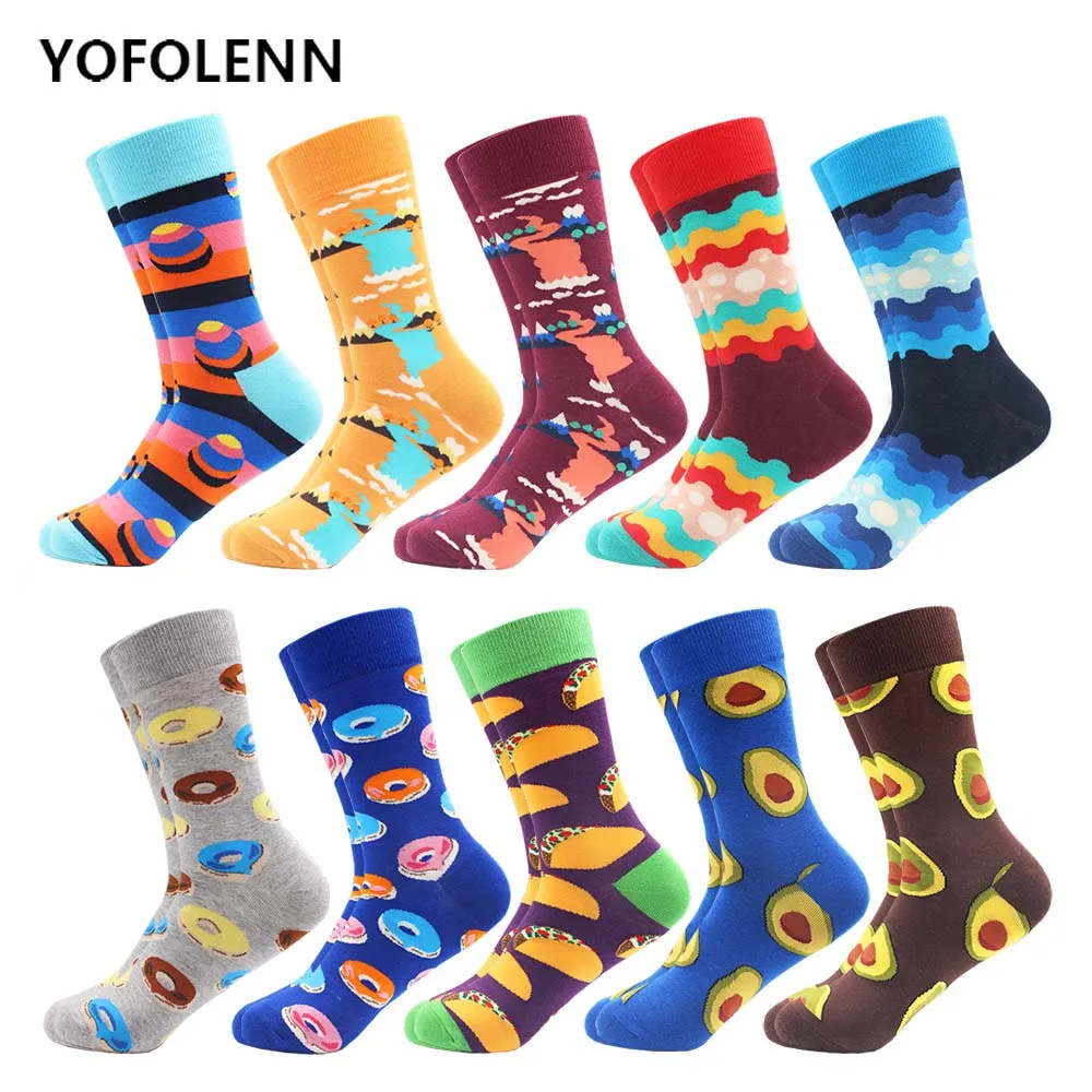 

10 pairs/lot Colorful Combed Cotton Fashion Men's Crew Socks Donut Poached egg Pattern Funny Dress Causal Wedding Crazy Socks