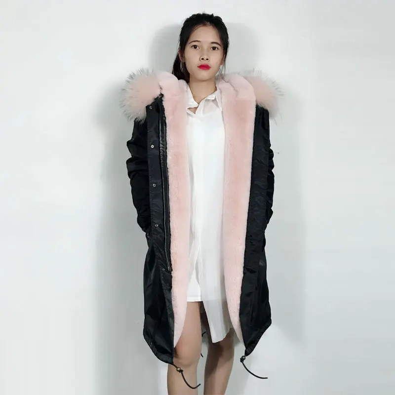 Winter Fashion Long Black Fur Parka Womens big raccoon collar Light Pink Thick fur Parka