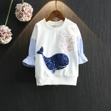 Wholesale (5 Pieces / LOS) -2017 New Girls Spring Sequin Striped Short Sleeve Sweater Age 2-7