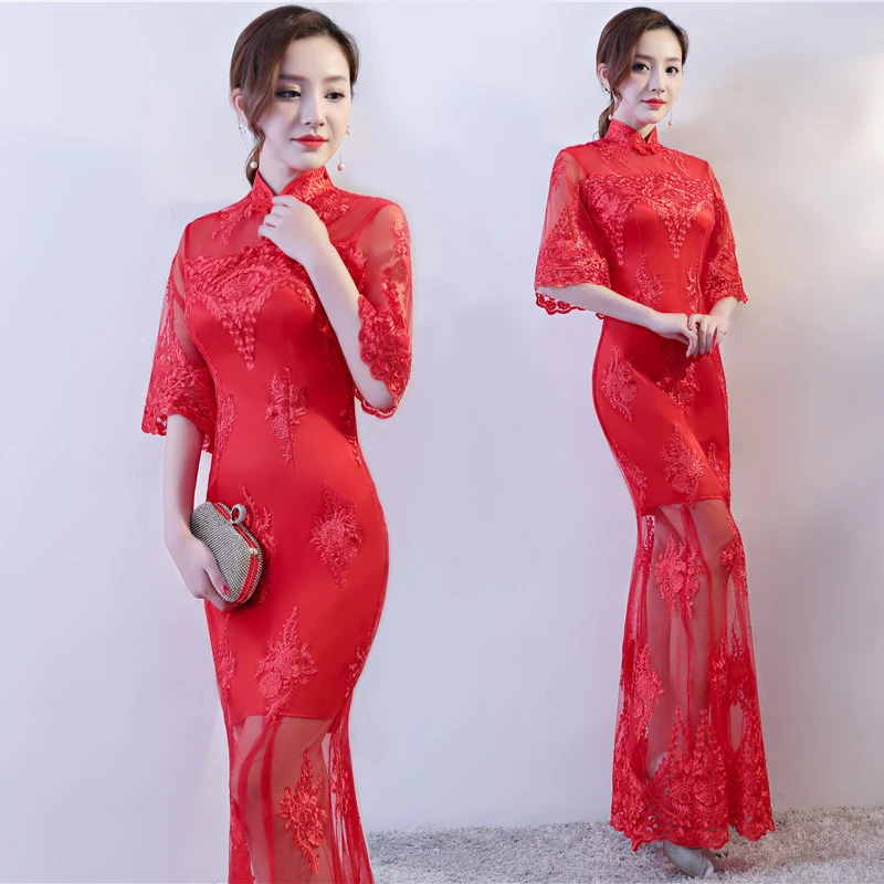 Красный Свадебная вечеринка Cheongsam Восточный вечернее платье Китайская традиционная Женская Элегантный Qipao пикантные длинный халат Ретро