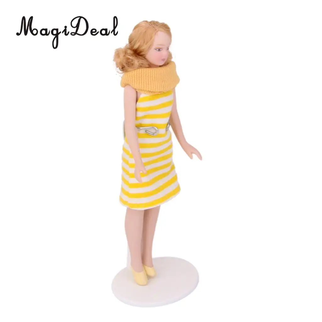 MagiDeal Beatifull Design Dollhouse Miniature Porcelain Doll Lady in Striped Dress for Bedroom Living Room Decor Children Toy