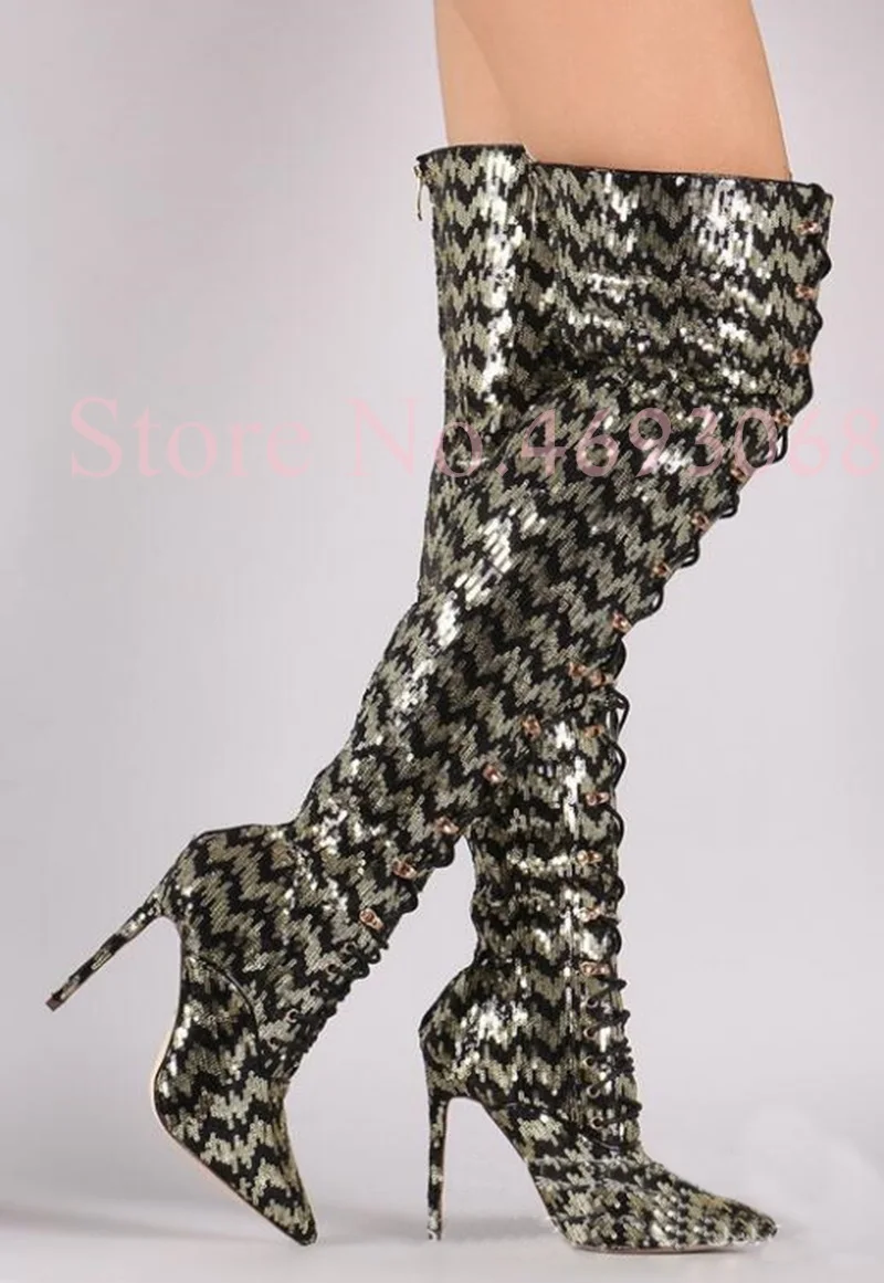 

Women Print Glitter Boots Bling Sequin Fabric Womens Thigh High Boots Bling Personalized Botas Mujer Invierno Trendy Shoes 2019