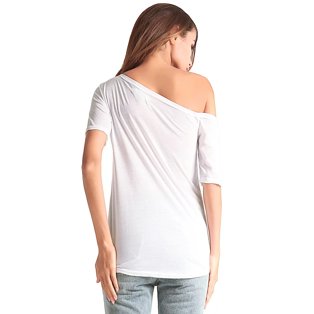 White Female printing T-Shirt Off Shoulder Slash Neck Sexy Top Split Short Sleeve Women's Large Sizes Loose strapless T-shirts