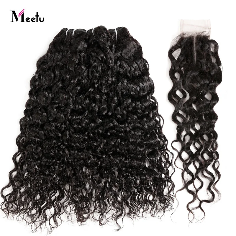 

Indian Water Wave Weave With Closure 2/3 Bundles With Closure No Shedding Meetu 100% Human Hair Bundles With Closure Non Remy