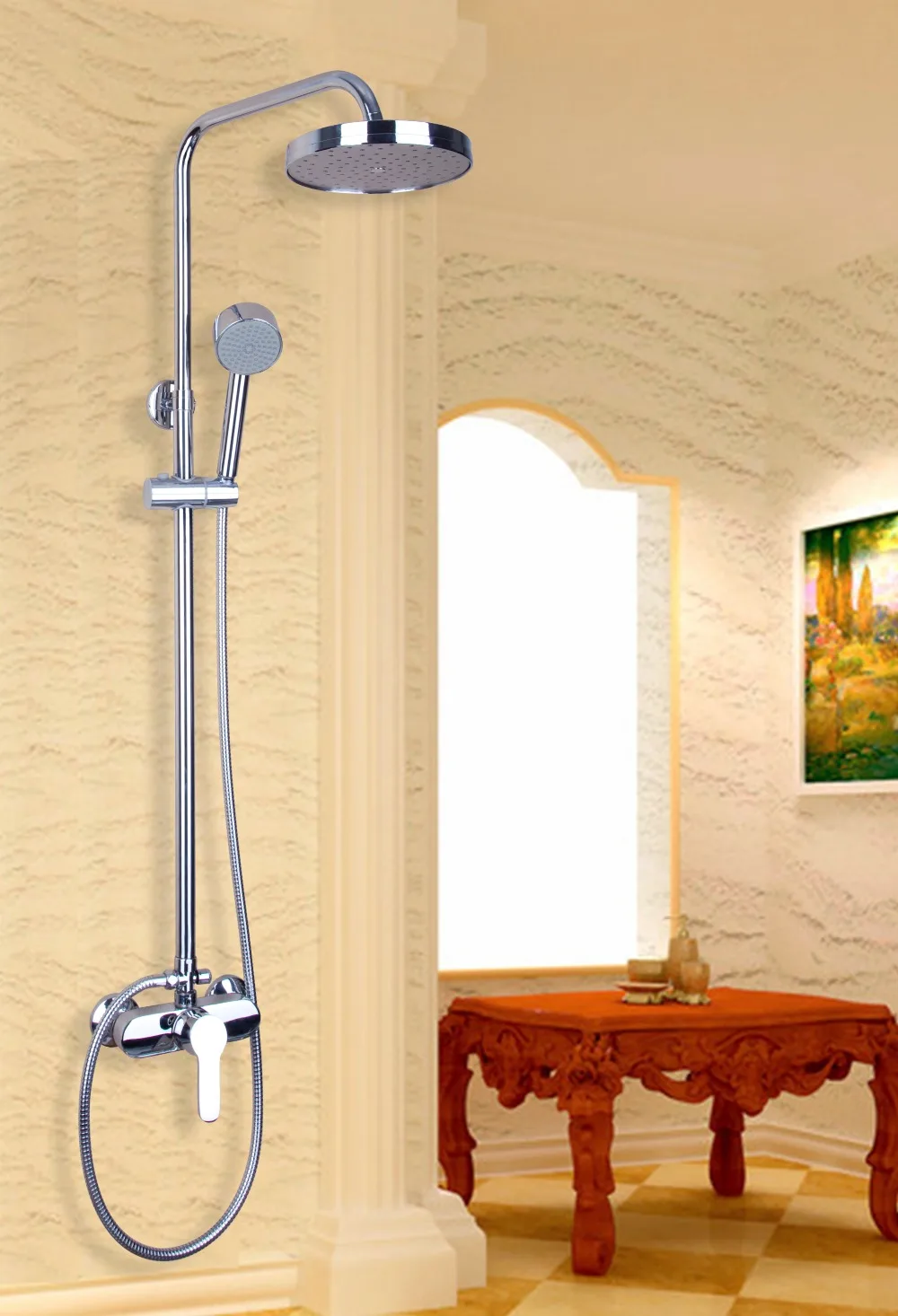 

New Bathroom Shower Faucet With Polished Chrome Cold&Hot Water Mixer And Wall Mounted Head Shower Set With Hand Shower Tap