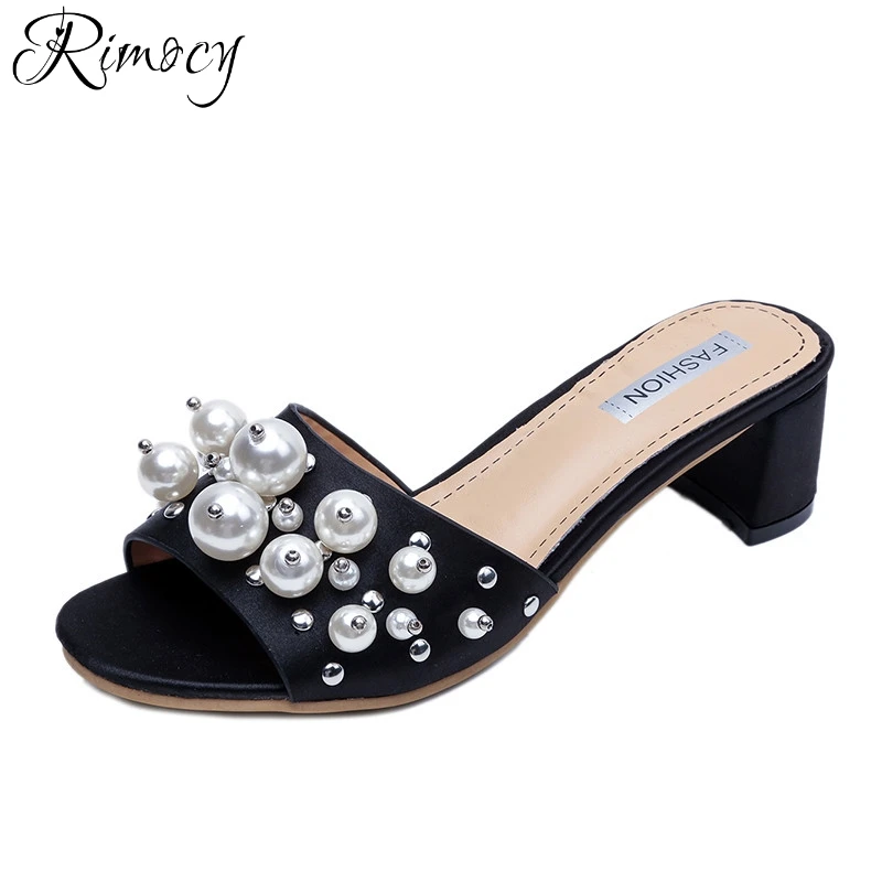 

Rimocy elegant ladies pearl silk summer sandals 5cm thick heels peep toe women casual slippers slip on creepers shoes woman