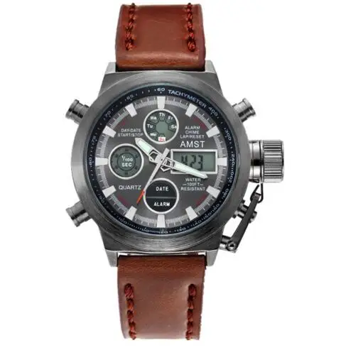 ATSM Wrangler, мужские часы, 50 метров, с кожаным ремешком, военные часы, мужские водонепроницаемые спортивные кварцевые часы с будильником, новинка - Цвет: B-brown-L