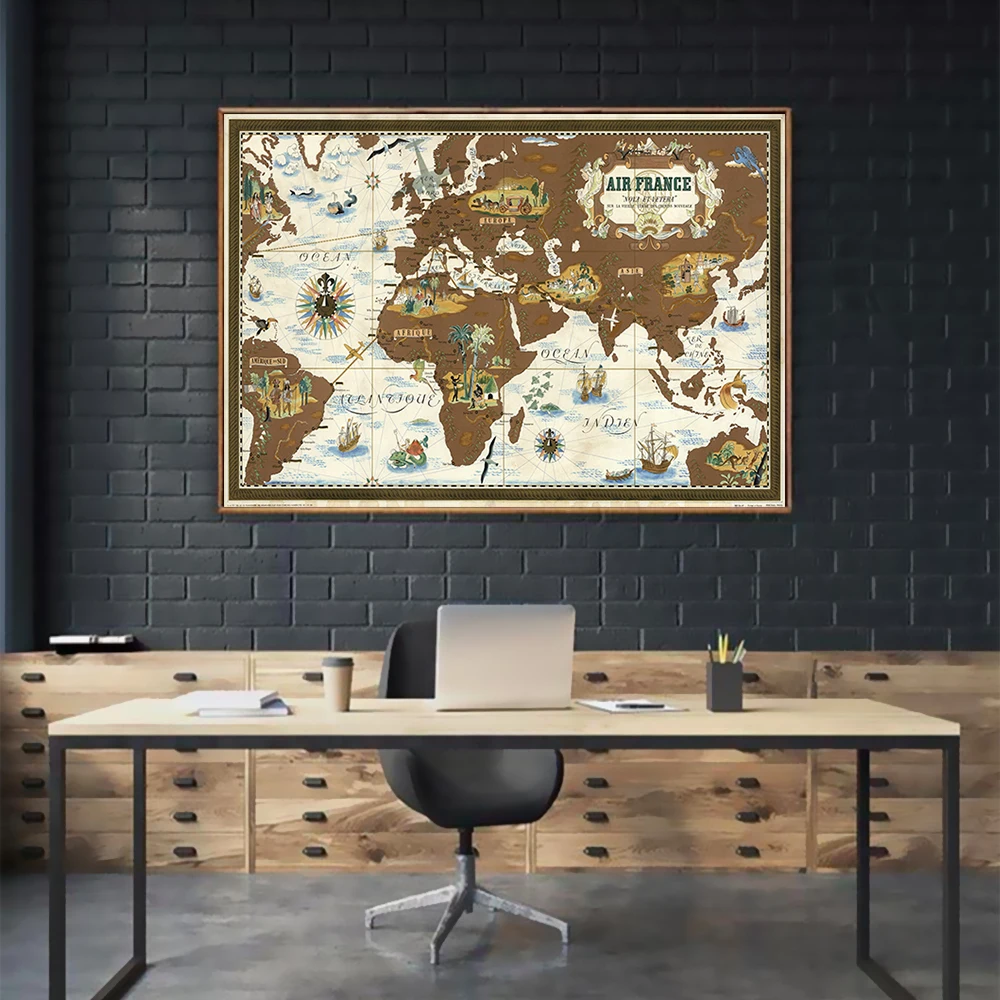 

Vintage World Map of Air France Travel Maps Retro Canvas Paintings Kraft Posters Wall Stickers Home Decor Family Gift