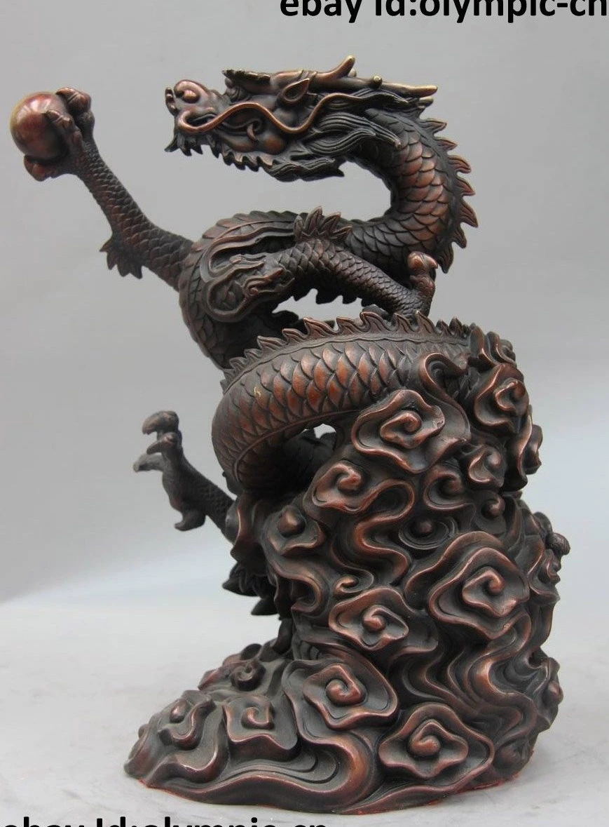 

China Bronze Copper Feng Shui Mascot Clouds Dragon Hold Bead Statue Sculpture
