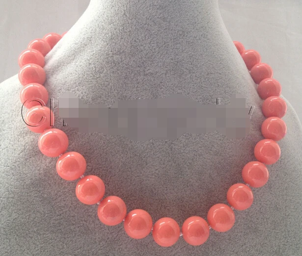 

Beautiful 18" 14mm perfect round pink coral color south sea shell pearl necklace AAA style Fine Noble real Natural free shipping