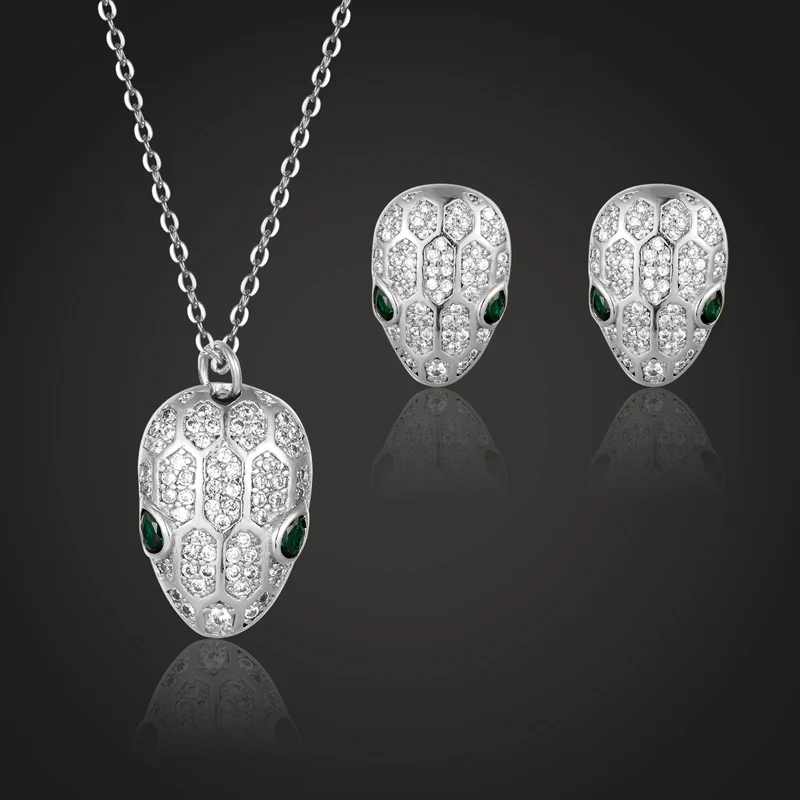 

Zlxgirl jewelry Brand Green Eye Snake Wedding Jewelry Sets Metal Copper Cubic zircon couple accessories set Bridal Necklace sets
