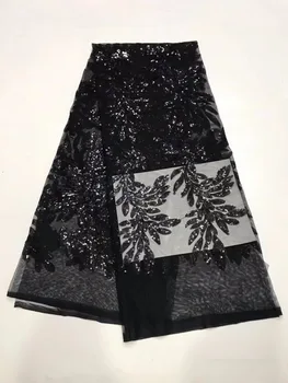 

2018 Hot French Nigerian black sequins net lace,African tulle mesh lace fabric high quality for party wedding dress 5yards/lot