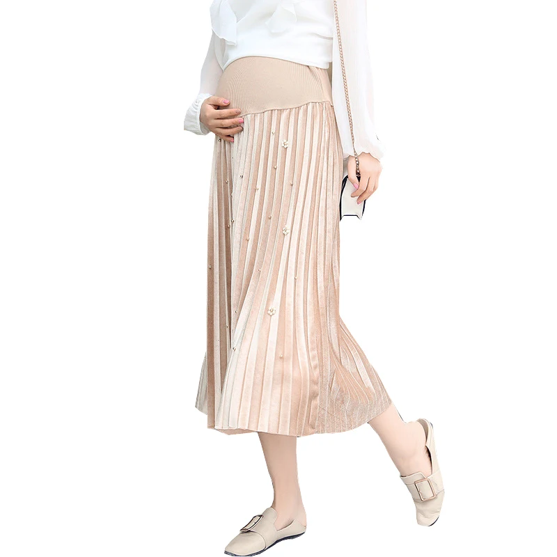 2018 Spring Summer Pregnant Pleated Skirts Pregnancy Plus Size Velour Beading Midi Long Skirt