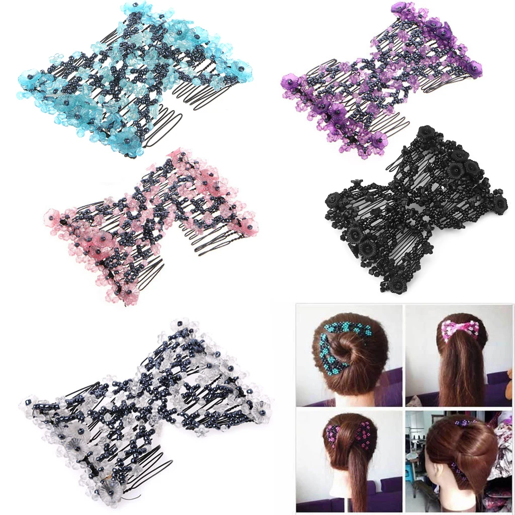 Magic Beads Elasticity Double Hair Comb Clip Stretchy Hair Combs Clips