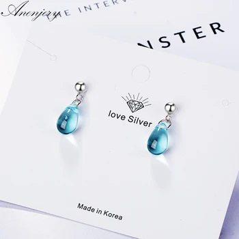 

Anenjery Korean Literary Blue Water Drop shaped Stud Earrings Silver Color Earrings For Women boucle d'oreille S-E649