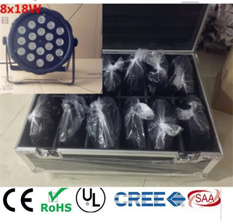 

8pcs LED Par Light 18x8W + flightcase RGBW 4IN1 LED Luxury DMX Led Flat Par Lights dj