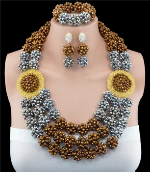 

2016 Latest gold silver african beads necklace set nigerian wedding african beads jewelry set Free shipping 10053