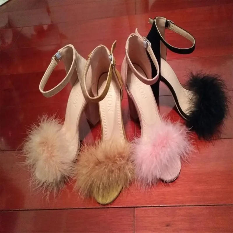Женские босоножки из искусственного пушистый кролик на высоком каблуке с ремешком на щиколотке; коллекция года; летние женские туфли-лодочки на высоком каблуке; zapatos mujer
