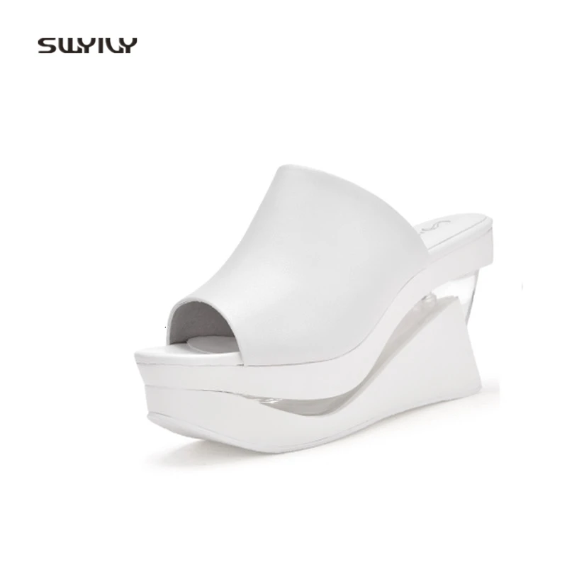 SWYIVY Woman Slippers Platform Genuine Leather 2018 White Shoes Female Casual Slides  Lady Sexy High Heel Slippers Black 40
