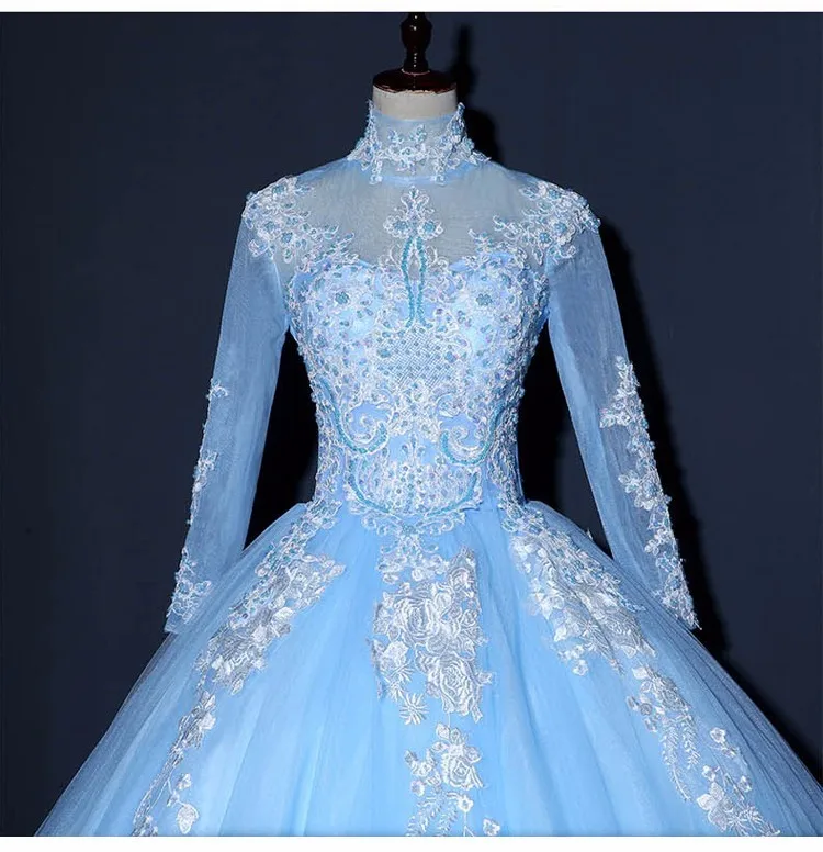 Vestido de Novia, мусульманское свадебное платье с длинным рукавом, бальное платье, свадебное платье с высоким воротом, голубые кружевные свадебные платья с аппликацией